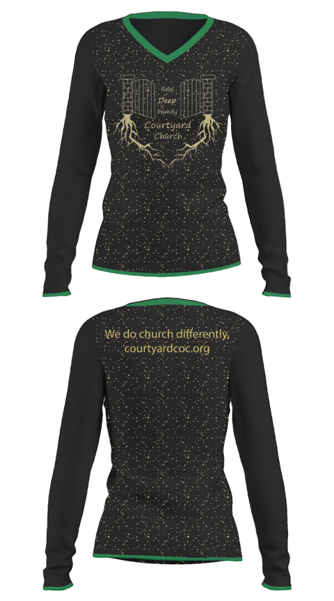 Women's Long Sleeve Vneck Shirt, Courtyard Chuch, , Teamtime, Team time, sublimation, custom sports apparel, team uniforms, spirit wear, spiritwear, sports uniforms, custom shirts, team store, custom team store, fundraiser sports, apparel fundraiser