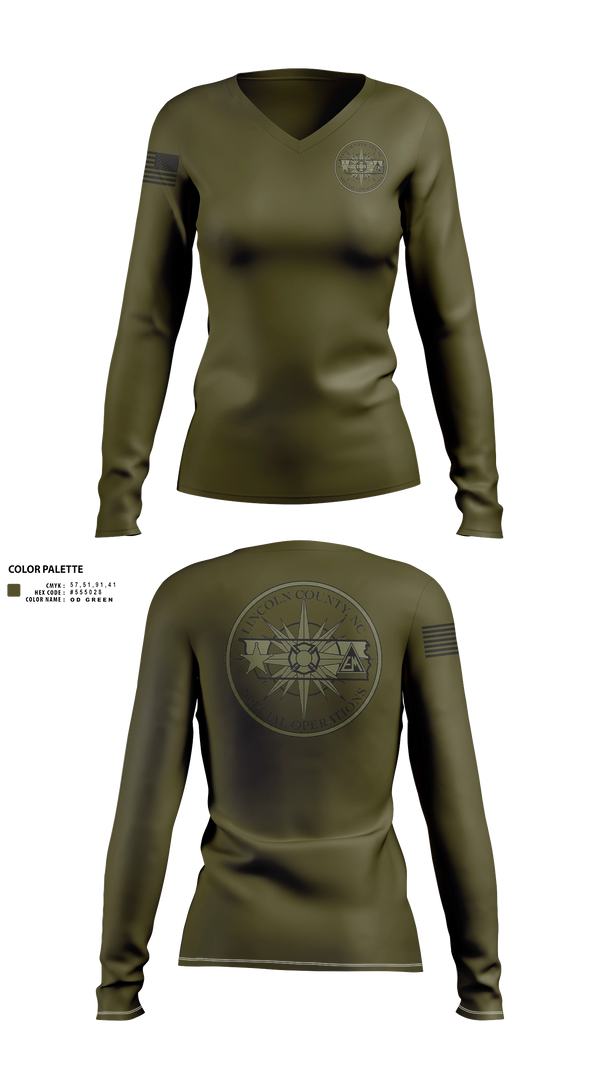 Womens Long Sleeve Vneck Shirt, Lincoln County Special Operations, Police, Teamtime, Team time, sublimation, custom sports apparel, team uniforms, spirit wear, spiritwear, sports uniforms, custom shirts, team store, custom team store, fundraiser sports, apparel fundraiser