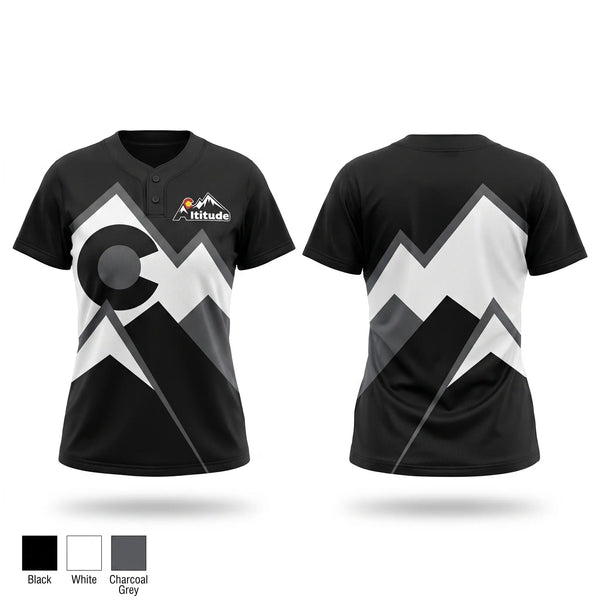 Two Button Softball Jersey, CO Altitude Hull, Softball, Teamtime, Team time, sublimation, custom sports apparel, team uniforms, spirit wear, spiritwear, sports uniforms, custom shirts, team store, custom team store, fundraiser sports, apparel fundraiser