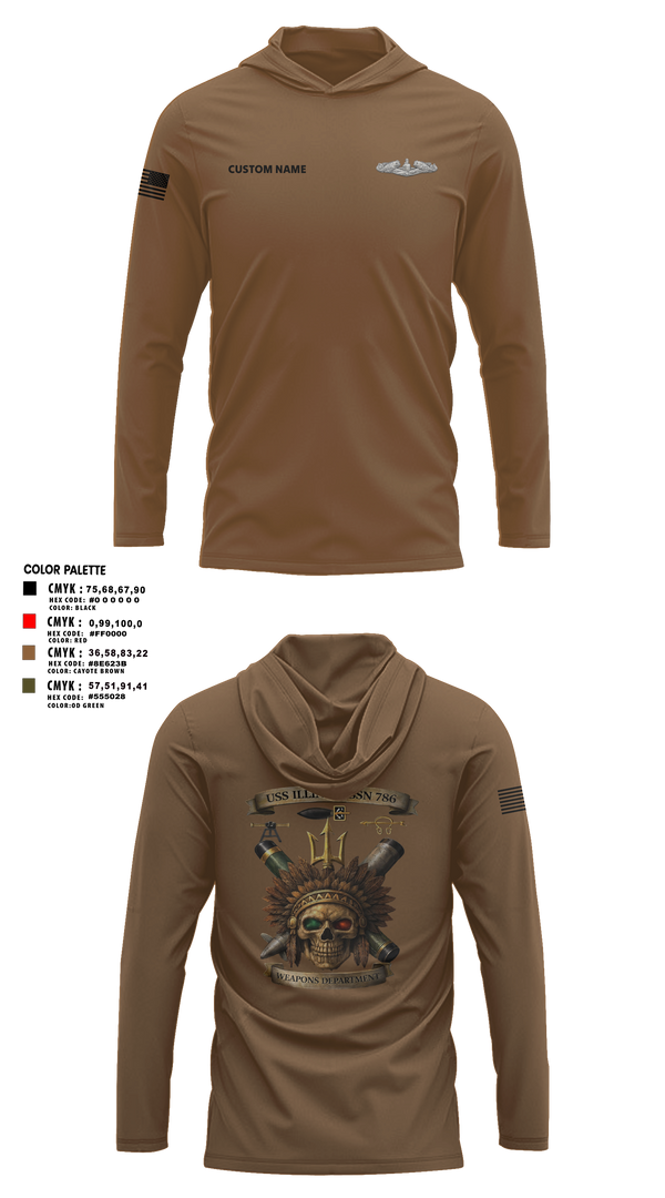 Long Sleeve Performance Shirt with hood, USS Illinois (SSN 786), , Teamtime, Team time, sublimation, custom sports apparel, team uniforms, spirit wear, spiritwear, sports uniforms, custom shirts, team store, custom team store, fundraiser sports, apparel fundraiser