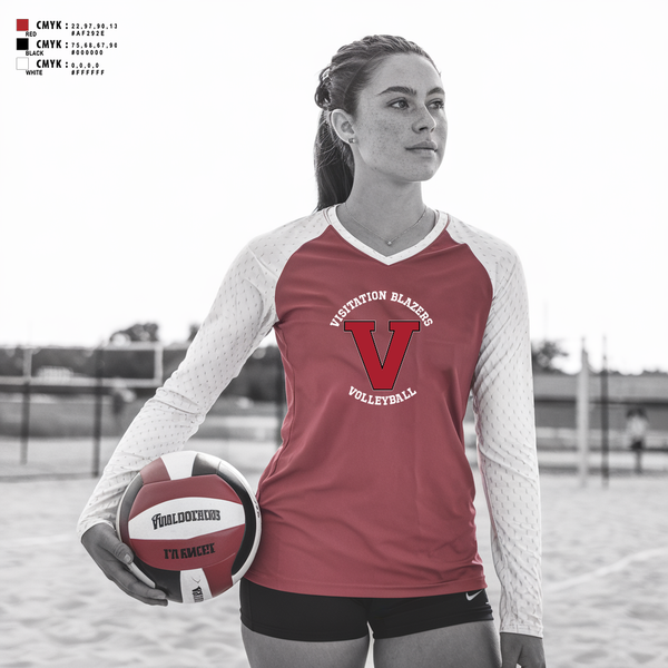 Womens Long Sleeve Vneck Shirt, Visitation Blazers Volleyball, Women's Volleyball, Teamtime, Team time, sublimation, custom sports apparel, team uniforms, spirit wear, spiritwear, sports uniforms, custom shirts, team store, custom team store, fundraiser sports, apparel fundraiser