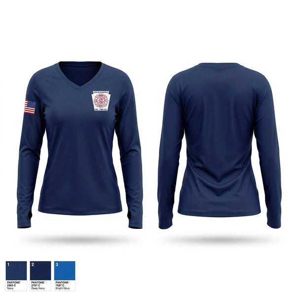 Womens Long Sleeve Vneck Shirt, New Bloomfield Fire Co, Fire Department, Teamtime, Team time, sublimation, custom sports apparel, team uniforms, spirit wear, spiritwear, sports uniforms, custom shirts, team store, custom team store, fundraiser sports, apparel fundraiser