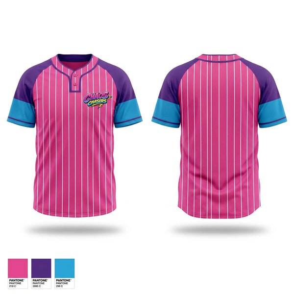 Two Button Softball Jersey, Chaos Chasers, Softball, Teamtime, Team time, sublimation, custom sports apparel, team uniforms, spirit wear, spiritwear, sports uniforms, custom shirts, team store, custom team store, fundraiser sports, apparel fundraiser