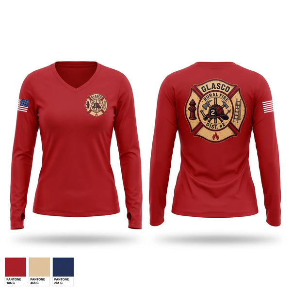 Womens Long Sleeve Vneck Shirt, Glasco Rural Fire District #2, Fire Department, Teamtime, Team time, sublimation, custom sports apparel, team uniforms, spirit wear, spiritwear, sports uniforms, custom shirts, team store, custom team store, fundraiser sports, apparel fundraiser
