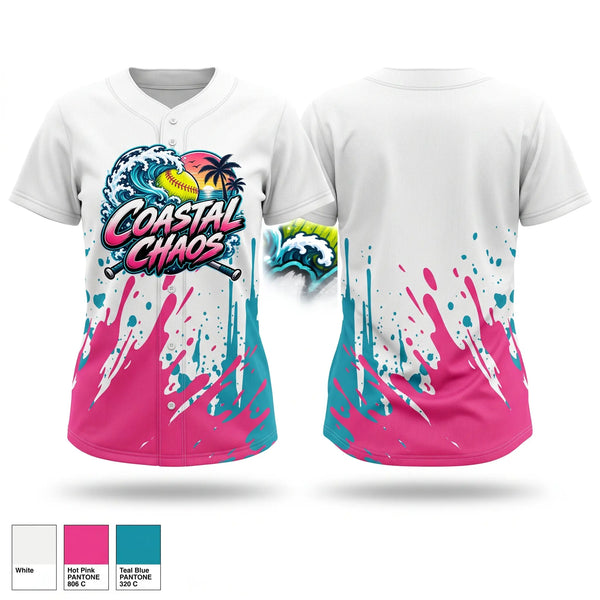 Two Button Softball Jersey, Coastal Chaos, Softball, Teamtime, Team time, sublimation, custom sports apparel, team uniforms, spirit wear, spiritwear, sports uniforms, custom shirts, team store, custom team store, fundraiser sports, apparel fundraiser