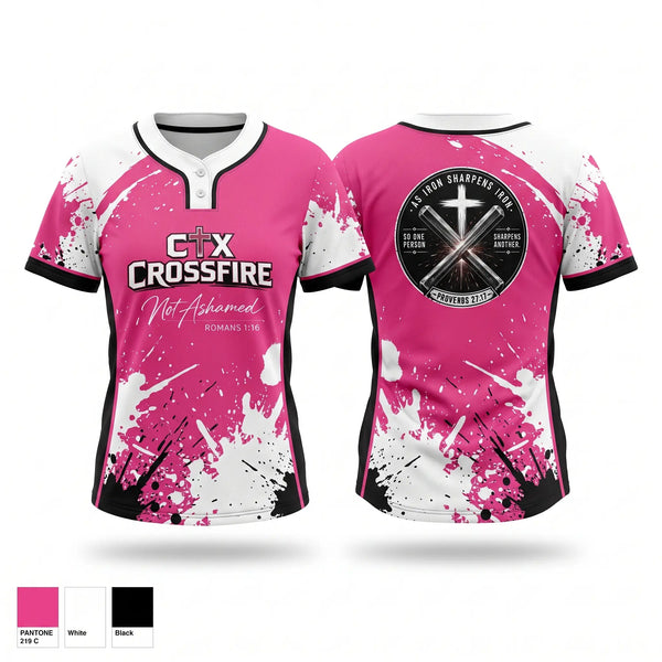 Two Button Softball Jersey, CTX Crossfire, Softball, Teamtime, Team time, sublimation, custom sports apparel, team uniforms, spirit wear, spiritwear, sports uniforms, custom shirts, team store, custom team store, fundraiser sports, apparel fundraiser