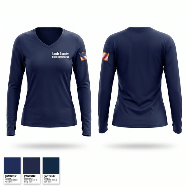 Womens Long Sleeve Vneck Shirt, Lewis County Fire District 3, Fire Department, Teamtime, Team time, sublimation, custom sports apparel, team uniforms, spirit wear, spiritwear, sports uniforms, custom shirts, team store, custom team store, fundraiser sports, apparel fundraiser
