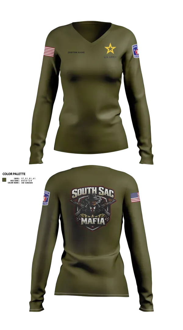 Womens Long Sleeve Vneck Shirt, SAC SOUTH, Army, Teamtime, Team time, sublimation, custom sports apparel, team uniforms, spirit wear, spiritwear, sports uniforms, custom shirts, team store, custom team store, fundraiser sports, apparel fundraiser