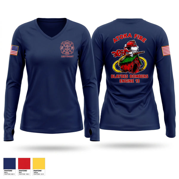 Womens Long Sleeve Vneck Shirt, Atoka Fire, Fire Department, Teamtime, Team time, sublimation, custom sports apparel, team uniforms, spirit wear, spiritwear, sports uniforms, custom shirts, team store, custom team store, fundraiser sports, apparel fundraiser