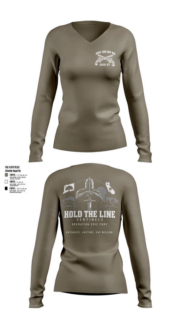 Womens Long Sleeve Vneck Shirt, 192nd MP BN, Army, Teamtime, Team time, sublimation, custom sports apparel, team uniforms, spirit wear, spiritwear, sports uniforms, custom shirts, team store, custom team store, fundraiser sports, apparel fundraiser