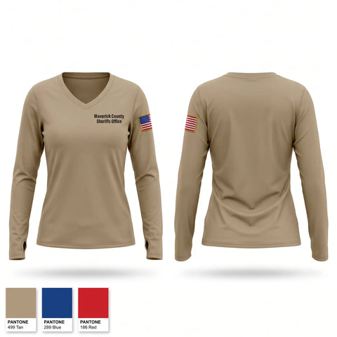 Womens Long Sleeve Vneck Shirt, Maverick County Sheriffs Office, Police, Teamtime, Team time, sublimation, custom sports apparel, team uniforms, spirit wear, spiritwear, sports uniforms, custom shirts, team store, custom team store, fundraiser sports, apparel fundraiser