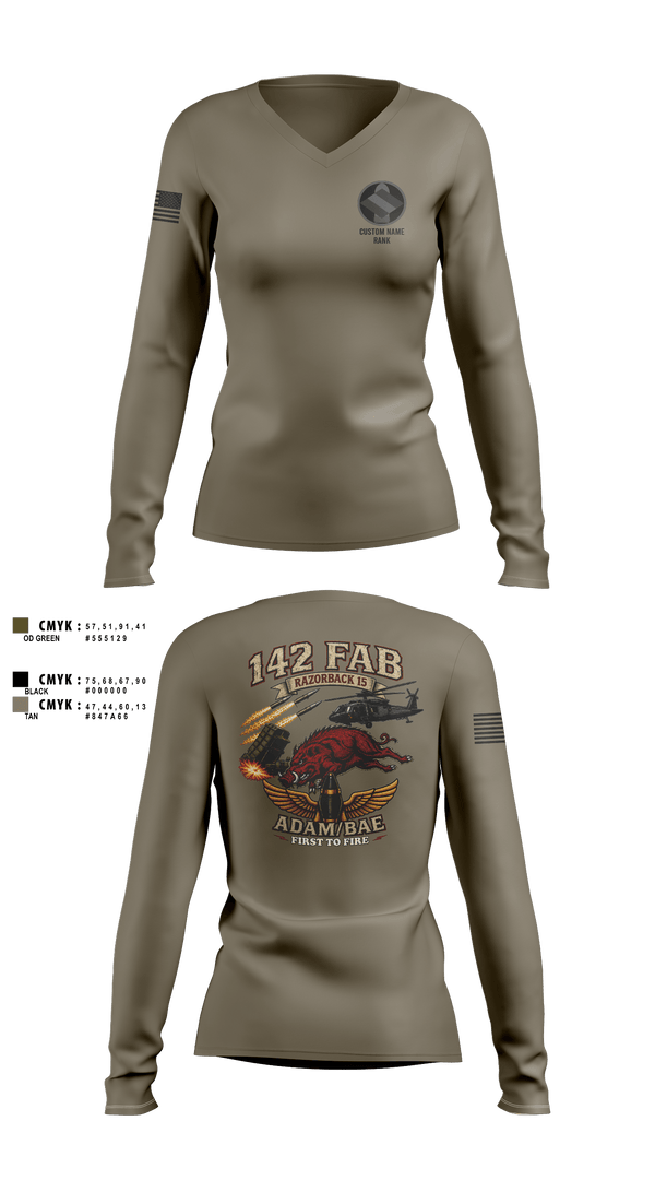 Womens Long Sleeve Vneck Shirt, 142nd, Army, Teamtime, Team time, sublimation, custom sports apparel, team uniforms, spirit wear, spiritwear, sports uniforms, custom shirts, team store, custom team store, fundraiser sports, apparel fundraiser