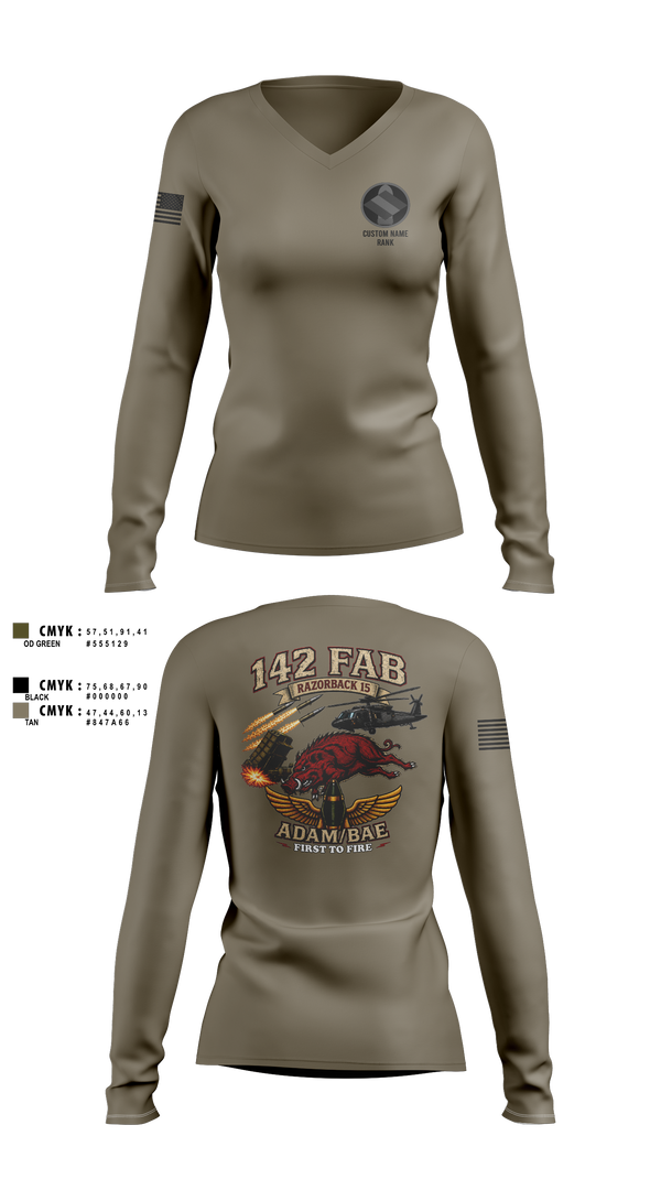 Womens Long Sleeve Vneck Shirt, 142nd, Army, Teamtime, Team time, sublimation, custom sports apparel, team uniforms, spirit wear, spiritwear, sports uniforms, custom shirts, team store, custom team store, fundraiser sports, apparel fundraiser