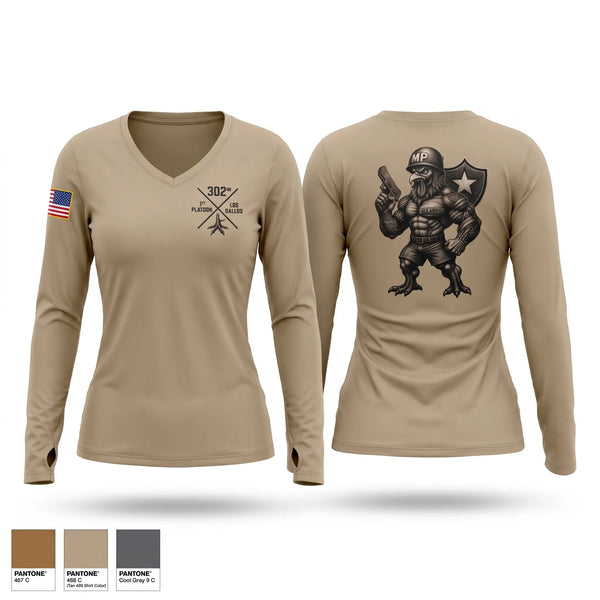 Womens Long Sleeve Vneck Shirt, 1st PLT Roosters, Army, Teamtime, Team time, sublimation, custom sports apparel, team uniforms, spirit wear, spiritwear, sports uniforms, custom shirts, team store, custom team store, fundraiser sports, apparel fundraiser