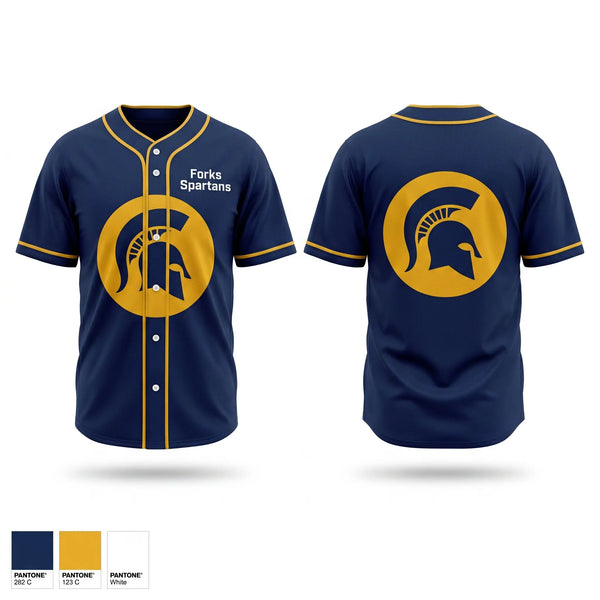 Full Button Baseball Jersey, Forks Spartans, Baseball, Teamtime, Team time, sublimation, custom sports apparel, team uniforms, spirit wear, spiritwear, sports uniforms, custom shirts, team store, custom team store, fundraiser sports, apparel fundraiser