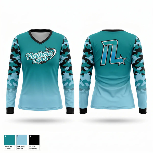 Womens Long Sleeve Vneck Shirt, NL Amherst, Cheer, Teamtime, Team time, sublimation, custom sports apparel, team uniforms, spirit wear, spiritwear, sports uniforms, custom shirts, team store, custom team store, fundraiser sports, apparel fundraiser