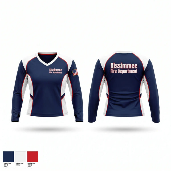 Womens Long Sleeve Vneck Shirt, Kissimmee fire department, Fire Department, Teamtime, Team time, sublimation, custom sports apparel, team uniforms, spirit wear, spiritwear, sports uniforms, custom shirts, team store, custom team store, fundraiser sports, apparel fundraiser
