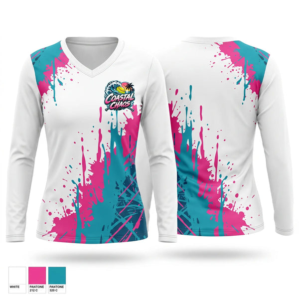 Womens Long Sleeve Vneck Shirt, Coastal Chaos, Softball, Teamtime, Team time, sublimation, custom sports apparel, team uniforms, spirit wear, spiritwear, sports uniforms, custom shirts, team store, custom team store, fundraiser sports, apparel fundraiser