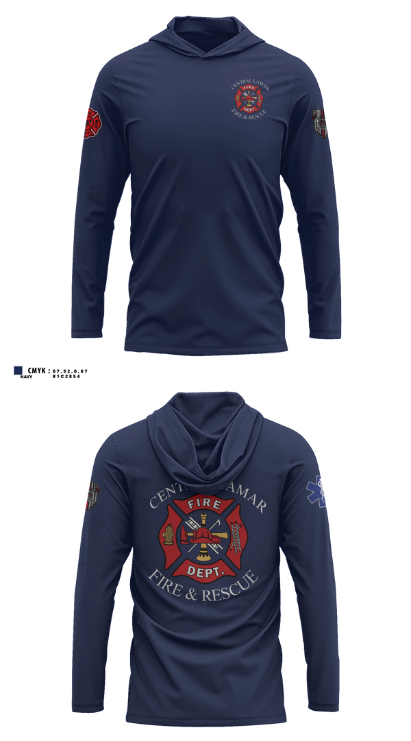 Long Sleeve Performance Shirt with hood, Central Lamar Fire & Rescue, Fire Department, Teamtime, Team time, sublimation, custom sports apparel, team uniforms, spirit wear, spiritwear, sports uniforms, custom shirts, team store, custom team store, fundraiser sports, apparel fundraiser
