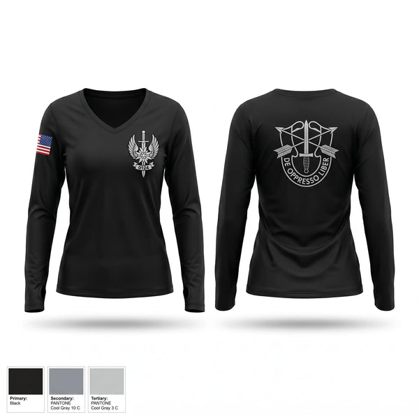 Womens Long Sleeve Vneck Shirt, ODA 0124, Army, Teamtime, Team time, sublimation, custom sports apparel, team uniforms, spirit wear, spiritwear, sports uniforms, custom shirts, team store, custom team store, fundraiser sports, apparel fundraiser