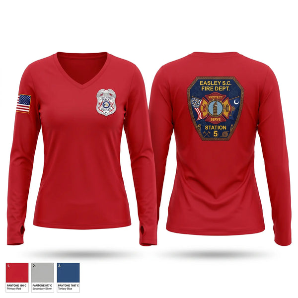 Womens Long Sleeve Vneck Shirt, Easley Fire Department, Fire Department, Teamtime, Team time, sublimation, custom sports apparel, team uniforms, spirit wear, spiritwear, sports uniforms, custom shirts, team store, custom team store, fundraiser sports, apparel fundraiser