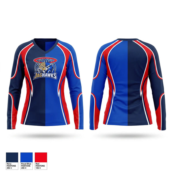 Womens Long Sleeve Vneck Shirt, JagHawks, Spirit Store, Teamtime, Team time, sublimation, custom sports apparel, team uniforms, spirit wear, spiritwear, sports uniforms, custom shirts, team store, custom team store, fundraiser sports, apparel fundraiser