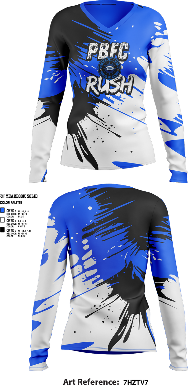 Womens Long Sleeve Vneck Shirt, PBFC Rush, Spirit Store, Teamtime, Team time, sublimation, custom sports apparel, team uniforms, spirit wear, spiritwear, sports uniforms, custom shirts, team store, custom team store, fundraiser sports, apparel fundraiser