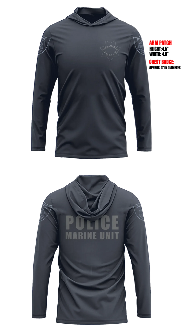 Long Sleeve hooded sunshirt, Sacramento Police Marine Unit, Police, Teamtime, Team time, sublimation, custom sports apparel, team uniforms, spirit wear, spiritwear, sports uniforms, custom shirts, team store, custom team store, fundraiser sports, apparel fundraiser
