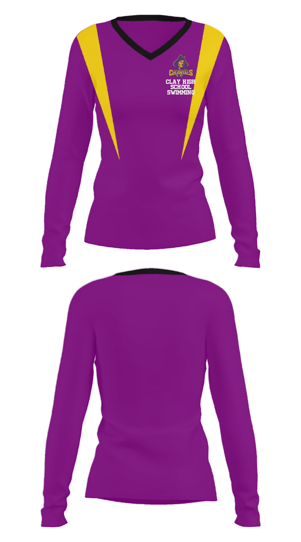 Women's Long Sleeve Vneck Shirt, Clay High School Swimming, Swimming, Teamtime, Team time, sublimation, custom sports apparel, team uniforms, spirit wear, spiritwear, sports uniforms, custom shirts, team store, custom team store, fundraiser sports, apparel fundraiser