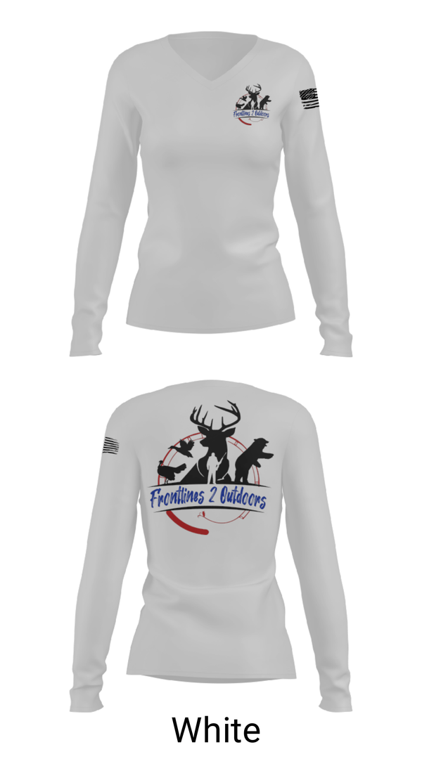 Women's Long Sleeve Vneck Shirt, Frontlines 2 Outdoors (F2O), , Teamtime, Team time, sublimation, custom sports apparel, team uniforms, spirit wear, spiritwear, sports uniforms, custom shirts, team store, custom team store, fundraiser sports, apparel fundraiser