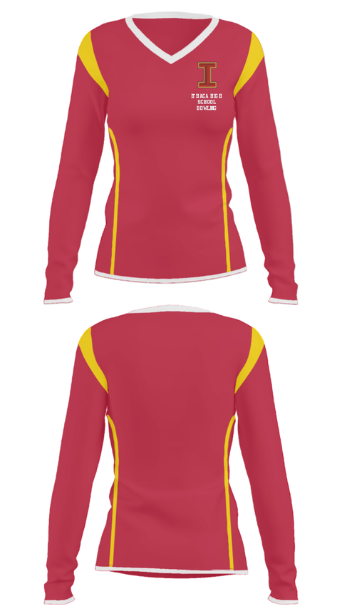Women's Long Sleeve Vneck Shirt, Ithaca High School Bowling, Bowling, Teamtime, Team time, sublimation, custom sports apparel, team uniforms, spirit wear, spiritwear, sports uniforms, custom shirts, team store, custom team store, fundraiser sports, apparel fundraiser