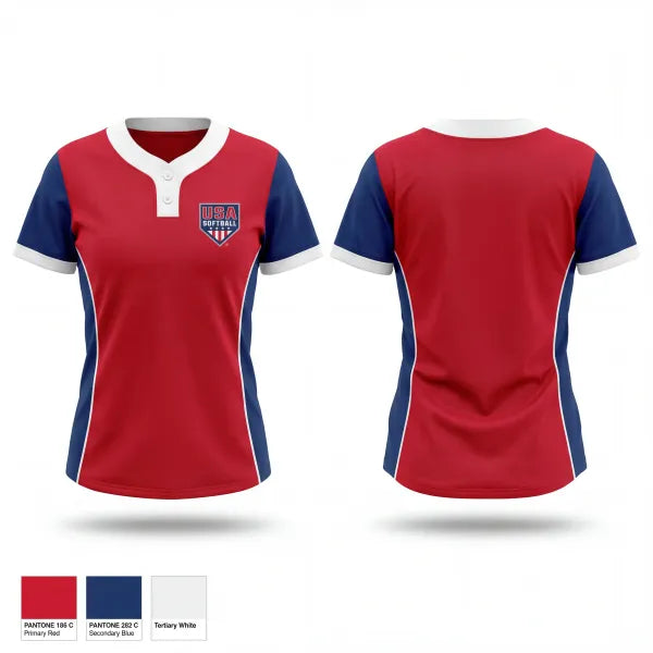Two Button Softball Jersey, USA Softball of Alaska, Softball, Teamtime, Team time, sublimation, custom sports apparel, team uniforms, spirit wear, spiritwear, sports uniforms, custom shirts, team store, custom team store, fundraiser sports, apparel fundraiser