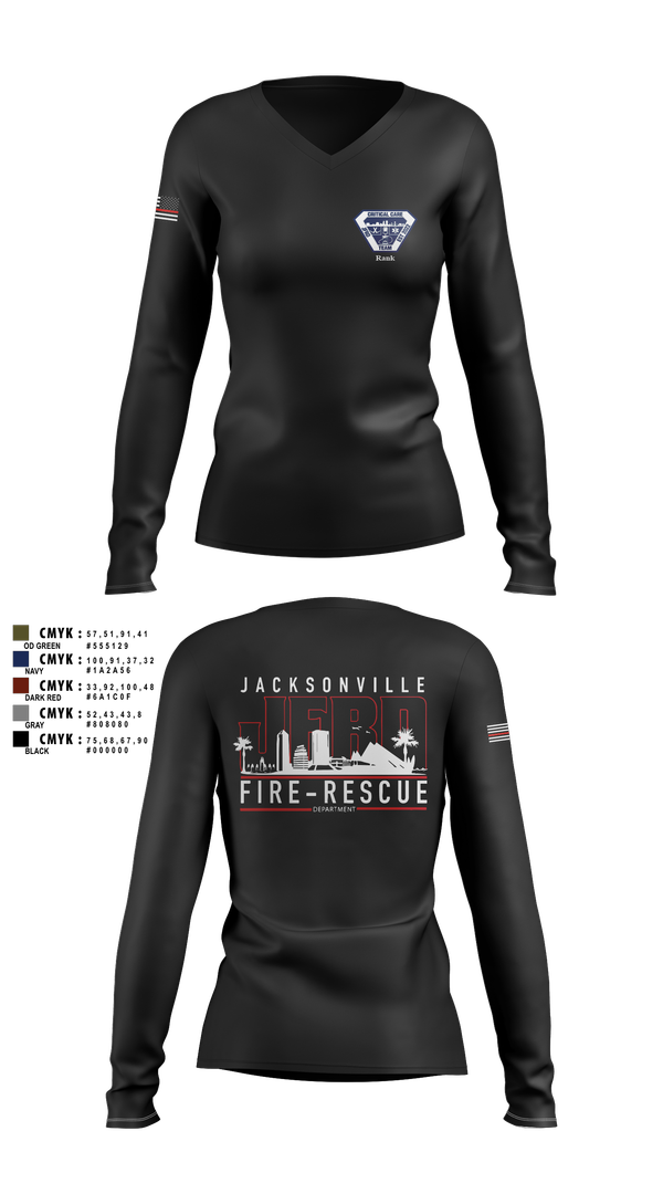 Womens Long Sleeve Vneck Shirt, JFRD Critical Care Team, Fire Department, Teamtime, Team time, sublimation, custom sports apparel, team uniforms, spirit wear, spiritwear, sports uniforms, custom shirts, team store, custom team store, fundraiser sports, apparel fundraiser