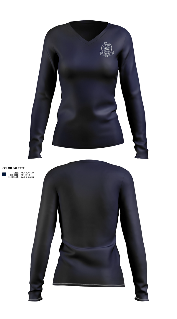 Womens Long Sleeve Vneck Shirt, La Cueva Bears, Cheer, Teamtime, Team time, sublimation, custom sports apparel, team uniforms, spirit wear, spiritwear, sports uniforms, custom shirts, team store, custom team store, fundraiser sports, apparel fundraiser