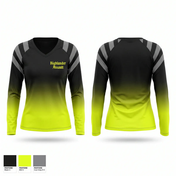 Womens Long Sleeve Vneck Shirt, Highlander Assault, , Teamtime, Team time, sublimation, custom sports apparel, team uniforms, spirit wear, spiritwear, sports uniforms, custom shirts, team store, custom team store, fundraiser sports, apparel fundraiser