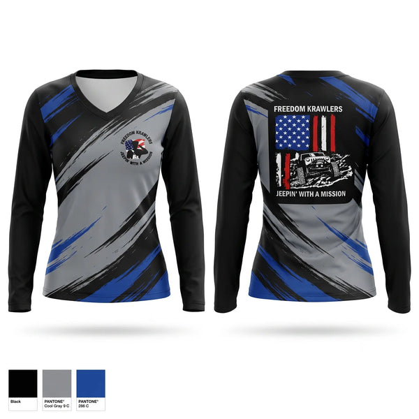 Womens Long Sleeve Vneck Shirt, Freedom Krawlers, , Teamtime, Team time, sublimation, custom sports apparel, team uniforms, spirit wear, spiritwear, sports uniforms, custom shirts, team store, custom team store, fundraiser sports, apparel fundraiser