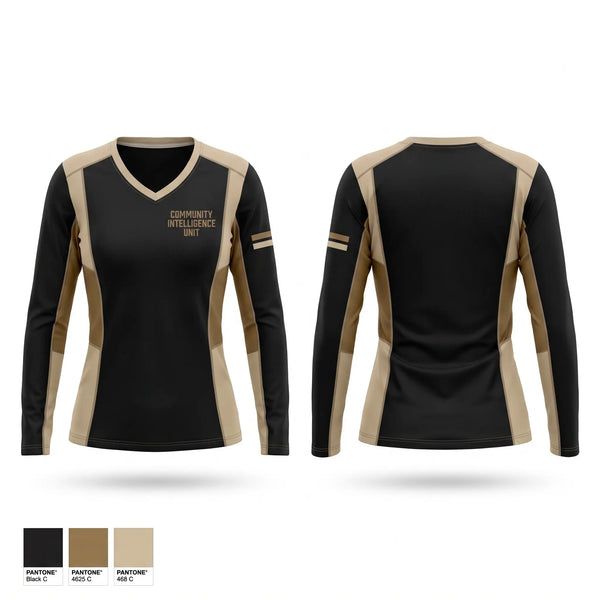 Womens Long Sleeve Vneck Shirt, Community intelligence unit, , Teamtime, Team time, sublimation, custom sports apparel, team uniforms, spirit wear, spiritwear, sports uniforms, custom shirts, team store, custom team store, fundraiser sports, apparel fundraiser