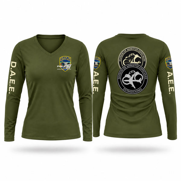 Womens Long Sleeve Vneck Shirt, Arresto Especiales & Extradiciones San Juan, Police, Teamtime, Team time, sublimation, custom sports apparel, team uniforms, spirit wear, spiritwear, sports uniforms, custom shirts, team store, custom team store, fundraiser sports, apparel fundraiser
