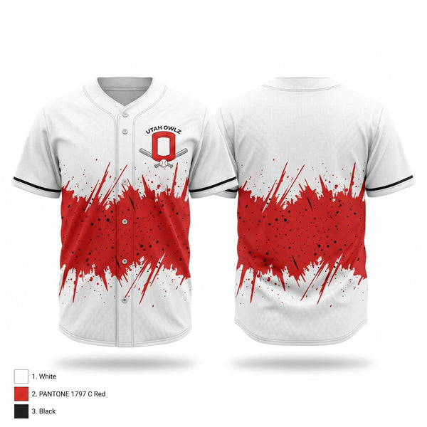 Full Button Baseball Jersey, Utah Owlz, Baseball, Teamtime, Team time, sublimation, custom sports apparel, team uniforms, spirit wear, spiritwear, sports uniforms, custom shirts, team store, custom team store, fundraiser sports, apparel fundraiser