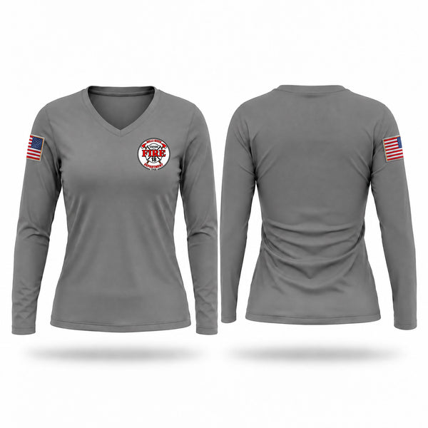 Womens Long Sleeve Vneck Shirt, Mills River Fire Rescue, Fire Department, Teamtime, Team time, sublimation, custom sports apparel, team uniforms, spirit wear, spiritwear, sports uniforms, custom shirts, team store, custom team store, fundraiser sports, apparel fundraiser