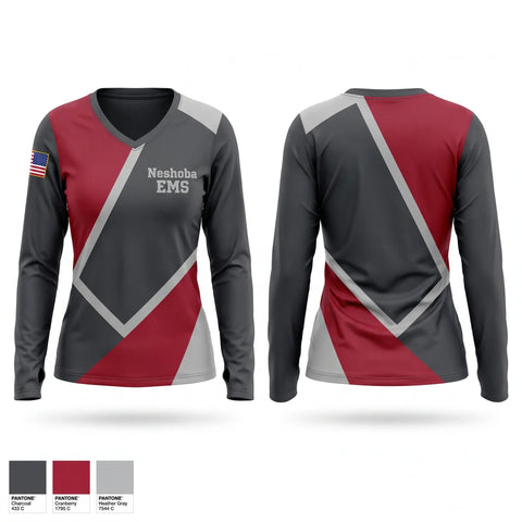 Womens Long Sleeve Vneck Shirt, Neshoba EMS, EMS/EMT, Teamtime, Team time, sublimation, custom sports apparel, team uniforms, spirit wear, spiritwear, sports uniforms, custom shirts, team store, custom team store, fundraiser sports, apparel fundraiser