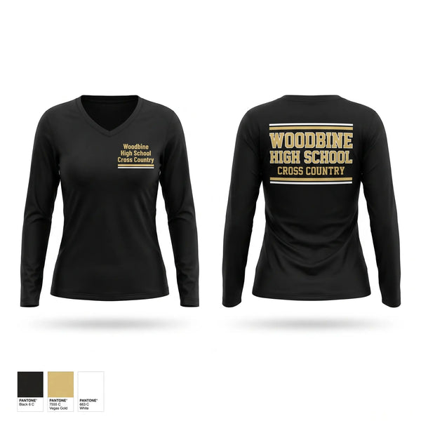 Womens Long Sleeve Vneck Shirt, Woodbine High School Cross Country, Cross Country, Teamtime, Team time, sublimation, custom sports apparel, team uniforms, spirit wear, spiritwear, sports uniforms, custom shirts, team store, custom team store, fundraiser sports, apparel fundraiser