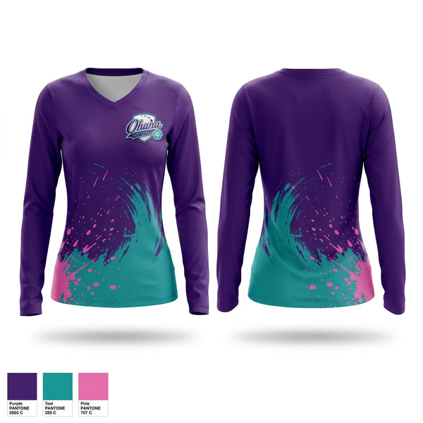 Womens Long Sleeve Vneck Shirt, Ohana, Softball, Teamtime, Team time, sublimation, custom sports apparel, team uniforms, spirit wear, spiritwear, sports uniforms, custom shirts, team store, custom team store, fundraiser sports, apparel fundraiser