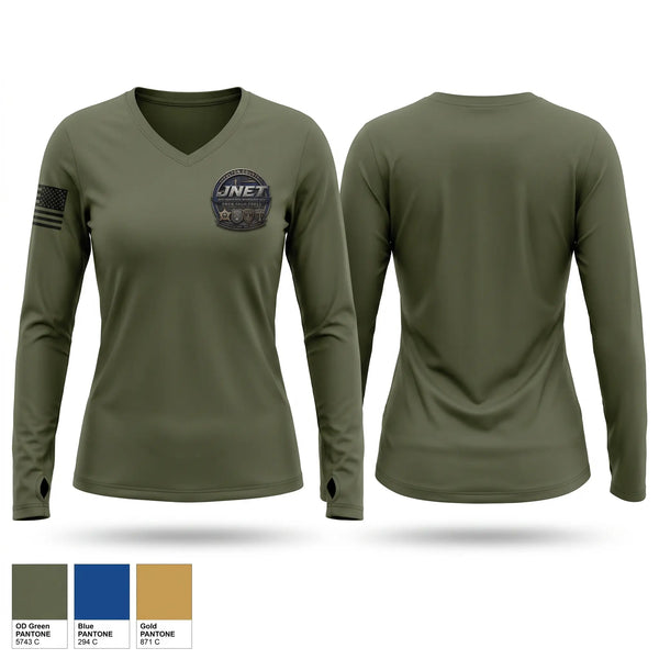 Womens Long Sleeve Vneck Shirt, JNET, Police, Teamtime, Team time, sublimation, custom sports apparel, team uniforms, spirit wear, spiritwear, sports uniforms, custom shirts, team store, custom team store, fundraiser sports, apparel fundraiser
