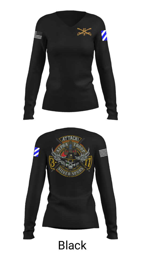 Women's Long Sleeve Vneck Shirt, A/3-17 ACS, Army, Teamtime, Team time, sublimation, custom sports apparel, team uniforms, spirit wear, spiritwear, sports uniforms, custom shirts, team store, custom team store, fundraiser sports, apparel fundraiser