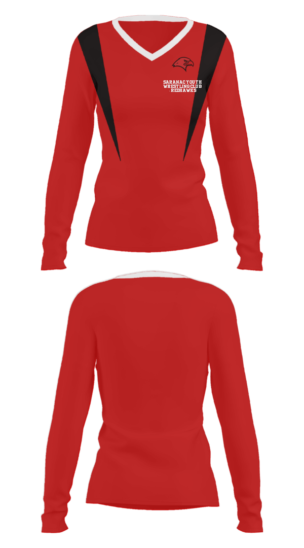 Women's Long Sleeve Vneck Shirt, Saranac Youth Wrestling Club - Redhawks, Wrestling, Teamtime, Team time, sublimation, custom sports apparel, team uniforms, spirit wear, spiritwear, sports uniforms, custom shirts, team store, custom team store, fundraiser sports, apparel fundraiser