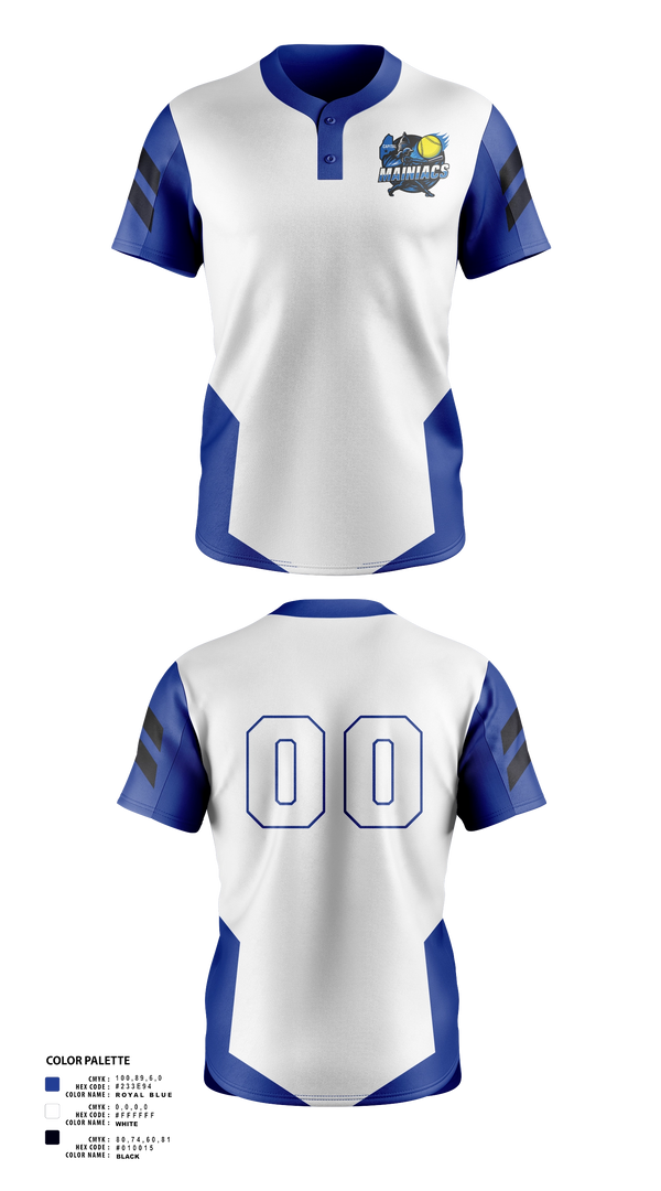 Two Button Softball Jersey, Capital Area Mainiacs, Softball, Teamtime, Team time, sublimation, custom sports apparel, team uniforms, spirit wear, spiritwear, sports uniforms, custom shirts, team store, custom team store, fundraiser sports, apparel fundraiser