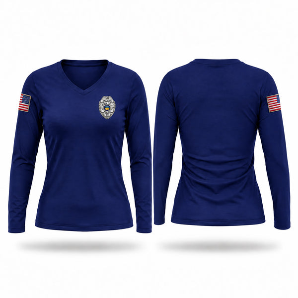 Womens Long Sleeve Vneck Shirt, Plain City Police Department, Police, Teamtime, Team time, sublimation, custom sports apparel, team uniforms, spirit wear, spiritwear, sports uniforms, custom shirts, team store, custom team store, fundraiser sports, apparel fundraiser