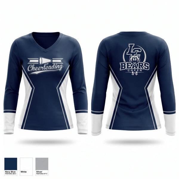 Womens Long Sleeve Vneck Shirt, La Cueva Bears, Cheer, Teamtime, Team time, sublimation, custom sports apparel, team uniforms, spirit wear, spiritwear, sports uniforms, custom shirts, team store, custom team store, fundraiser sports, apparel fundraiser