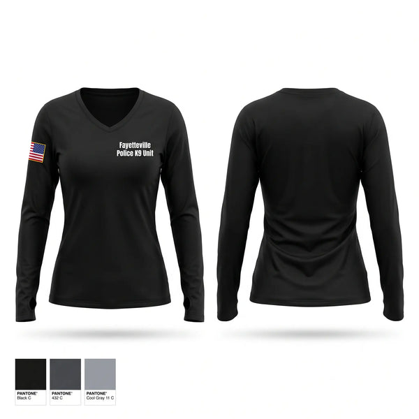 Womens Long Sleeve Vneck Shirt, Fayetteville Police K-9 Unit, Police, Teamtime, Team time, sublimation, custom sports apparel, team uniforms, spirit wear, spiritwear, sports uniforms, custom shirts, team store, custom team store, fundraiser sports, apparel fundraiser